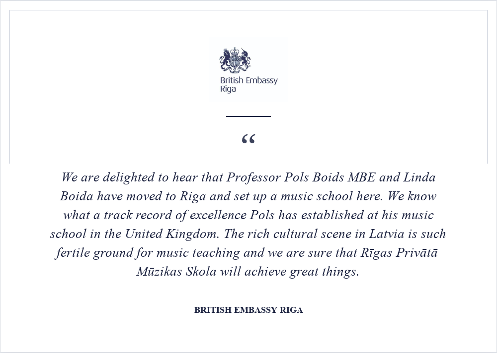 Цитата Посольства Великобритании в Риге, приветствующая Рижскую Частную Музыкальную Школу